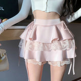 JOSKAA 2024 new Kawaii Soft Girl Aesthetic Coquette Dollette Ruffle Lace Mini Skirt