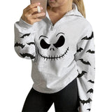 Joskaa Halloween Smiling Face Bat Print Women Sweatshirt Zipper Lapel Top Autumn Long Sleeve Fashion Casual Halloween Sweatshirt