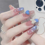 Joskaa 24pcs Fake Nails Y2k Korean Gradient False Nails Set Press on Nails Rhinestone Wearable Long Coffin Artificial Nails Nail