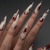 Joskaa 24pcs Halloween Long Pointed Fake Nails Stiletto Press On y2k Blood Drops Decor False Nails Full Cover White French Nail Tips Halloween Nails