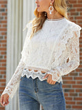 Joskaa Lace Blouses Tops Women Long Sleeve Hollow Out Floral Lace Crop Top Sweet High Street Office Ladies Shirt Fall Outfits 2024