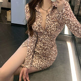 Joskaa Cyber Monday Sales 2024 Fall New Fashion Comfortable Casual Skirt Leopard Print Shirt Versatile Short Bottoming Long Sleeve Dress Dress For Women