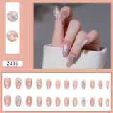 Joskaa 24Pcs False Nails Crystal Sequins with Pearl Diamond Decorations Ballerina Fake Nail Patch Back To School Nails