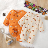 Halloween Joskaa Lioraitiin 0-18M Newborn Infant Baby Boy Girl Halloween Jumpsuit Pumpkin Print O-Neck Long Sleeve Romper With Buttons