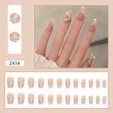 Joskaa 24Pcs False Nails Crystal Sequins with Pearl Diamond Decorations Ballerina Fake Nail Patch Back To School Nails