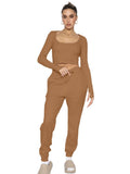 Joskaa Waffle Solid U Neck Long Sleeve Pants Set Women Cropped Top High Waist Trouser 2 Piece Set Female Casual Pantsuits