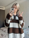 Joskaa Tawaaiw Winter Warm Sweater Women Loose Long Sleeve Striped Pullovers Knitted American Retro Jumpers Female Streetwear Tops 2024