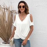 Joskaa Sexy Women V-neck Off Shoulder Solid Color T-shirts Top Summer New Short Sleeve Casual Loose Cross Tie Up Tee Pullover Black XXL