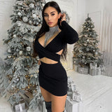 Joskaa hoco dresses Women's Sexy Deep V-Neck Bodycon Evening Party Dress Long Sleeve Hollow Out High Waist Wrapped Mini Dress Clubwear Streetwear