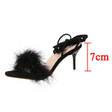 Joskaa Sexy Stiletto Heel Faux Fur Sandals Women Summer Ankle Strap Gladiator Sandals Woman Plus Size High Heels Wedding Banquet Shoes