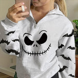 Joskaa Halloween Smiling Face Bat Print Women Sweatshirt Zipper Lapel Top Autumn Long Sleeve Fashion Casual Halloween Sweatshirt