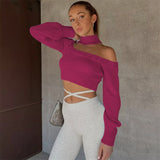 Joskaa Wsevypo Fall Winter Chic Off Shoulder Halterneck Knit Sweaters Women Casual Long Sleeve Cutout Pullover Crop Tops Street Jumpers