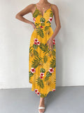 Joskaa Women Floral Plant Print Loose Beach Dress Sexy V Neck Suspenders Boho Long Dress Elegant High Waist Backless Sling Party Dress