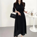 Joskaa Fashion Solid Color Dress Korean Women's 2024 New Lapel Elegant Slim Waist Thin Puff Long Sleeve Dresses Office Lady Fall Dress