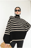 Joskaa Autumn Women's Striped Sweater High Collar Winter Loose Knitted Pullover Slit  Oversize Women Turtleneck Sweater Fashion 2024