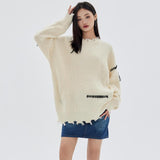 Joskaa Tawaaiw Y2k Retro Sweater Women  Ripped Knitted Pullover Autumn Winter O Neck Casual Loose Lazy Broken Sweater Jumpers Fashion