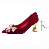 Joskaa Elegant Ladies Red Silk Wedding Bride Shoes Pearl Bowknot Pointed Toe Pumps Women Sexy Party   High Heels Shoes Woman