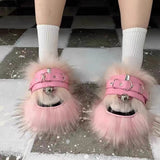 Joskaa Punk Style Plush Slippers Fur Boots Outfit European And American Party Boots 2023 Autumn INS Flats Metal Buckle Slippers