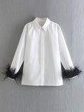 JOSKAA Back to school  Elegant Feathers Long Sleeve Shirt Casual Turn Down Collar Buttons Blouse Women Solid Chic Tops Streetwear Tunics Clothing 2024