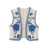 Joskaa Vintage Floral Embroidered Open WaistCoat Women Spring National Style Vest Jacket Outfits Lady Fashion Casual Vacation Crop Top