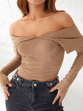 Joskaa Wsevypo Off-Shoulder Knitted Ribbed Crop Tops Fall Spring Casual Women Long Sleeve Lapel Slash Neck Pullovers Slim Fit Jumpers