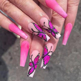 Nail Inspo 2023 Summer 24Pcs/Box Long French False Nail Ballerina Fake Nails Pink Butterfly Pattern Square Nail Decal False Nails Press On Nail Tips