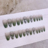 Joskaa 24pcs Long Ballet French False Nails With Gradient Green Crystal Design Glitter Cat's Eye Fake Nail Barbie Nail