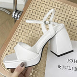 Joskaa Platform Heels Pumps Chunky Shoes Mary Jane Heels Shoes Women Square Toe Chunky Platform Pumps Women Strap Buckle Sandals White