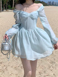 Joskaa hoco dresses  Long Sleeve Dress Female Blue Sweet A-Line Summer High Waist Vintage Slim Fairy Dress Princess Dress Sundress Beachwear Holiday Fairy Dress