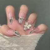 Joskaa 24pcs Press On Nails Long Pink Heart Silver Glitter Coffin False Nails Design Ballerina Fake Nails Fairy Nail