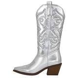 JOSKAA Country Concert Outfit Summer Gold Mid-calf Boots Woman Side Zipper Silver Pointed Western Cowboy Boots Retro Fashion Boots Women Boots