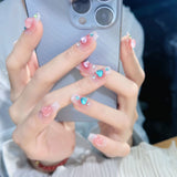 Joskaa 24pcs Long Ballerina False Nails Pink Heart Love Rhinestones Rose Designs Fake Nails Back To School Nails