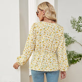 Joskaa Autumn Winter New Elegant V-neck Floral Print Chiffon Top Women Long Lantern Sleeve Casual Loose Lace Up Bow Blouse Female B3081