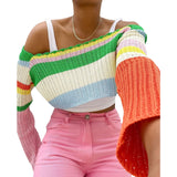 Joskaa Wsevypo Off-The-Shoulder Knitted Crop Tops Spring Fall Chic Women Long Sleeve Pullover Sweaters Color Block Jumpers Streetwear