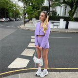 Joskaa Woman Sweet Purple Short Blazer Suit 2024 Spring Casual Solid Straight Blazers Suits Ladies High Street Skirt Shorts Sets