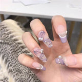 Joskaa 24P Moonlight Mermaid Medium Fake Nail Flash Aurora False Nails Broken Diamond Hand-painte Press on Nails Back To School Nails