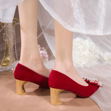 Joskaa Elegant Ladies Red Silk Wedding Bride Shoes Pearl Bowknot Pointed Toe Pumps Women Sexy Party   High Heels Shoes Woman