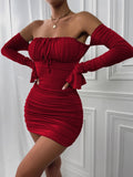 Joskaa Summer Mini Dresses Women Elegant Off Shoulder Backless Pleated Dress Female Flare Sleeve Lace Up Bodycon Party Club Dress