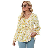 Joskaa Autumn Winter New Elegant V-neck Floral Print Chiffon Top Women Long Lantern Sleeve Casual Loose Lace Up Bow Blouse Female B3081