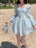 Joskaa hoco dresses  Long Sleeve Dress Female Blue Sweet A-Line Summer High Waist Vintage Slim Fairy Dress Princess Dress Sundress Beachwear Holiday Fairy Dress