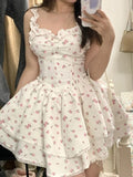 Joskaa hoco dresses Summer Lace Kawaii Dress Women Vintage Sleeveless Elegant Sweet Mini Dress Female Floral Print Korean Designer Strap Dress 2024