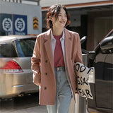 Joskaa Korean Blazer Women Loose Double Breasted England Style Solid Button Basics Notched Casual Long Sleeve Suit Coats