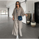 Joskaa Casual Lapel Short Sleeve Top 2 Piece Set Women Loose Middle Sleeve Tops Suits Suits Female Wide Leg Split Pants Suit