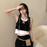 Joskaa  Hotsweet Crop Top Women Summer Fashion Design Sense Patchwork Fake Two Pieces Pullover Tank Tops y2k outfits