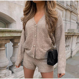 Joskaa Long Sleeved Sweater Cardigan Two-piece Set Women Solid Single Breasted With Pocket Knit Tops Suits Female Knitted Shorts Suit