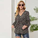 Joskaa Autumn Winter New Elegant V-neck Floral Print Chiffon Top Women Long Lantern Sleeve Casual Loose Lace Up Bow Blouse Female B3081