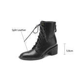 JOSKAA New Autumn/Winter Split Leather Women Boots Round Toe Chunky Heels Boots for Women Short Boots Zapatos Mujer Lace High Heels