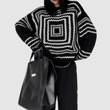 Joskaa Deeptown Korean Style Knitted Sweater Women Oversize Geometric Pattern Striped Streetwear Pullover Long Sleeve Jumper Fall