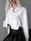 Joskaa Loose White Shirts For Lady Fashion Lapels Long Sleeves Cropped Blouses 2024 Spring Double Pockets Female Short Tops