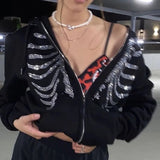 Joskaa Y2K Rhinestone Skeleton Hoodies Women Gothic Black Zip Up Oversized Sweatshirts Autumn Female Harajuku Hooded Jacket Streetwear